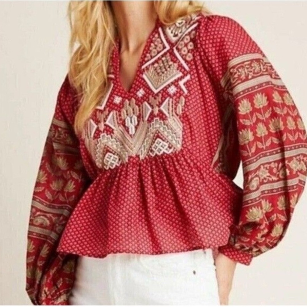 Anthro Keira Embroidered Peplum Blouse Top 4 Small